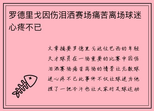 罗德里戈因伤泪洒赛场痛苦离场球迷心疼不已 罗德里戈因伤泪洒赛场痛苦离场球迷心疼不已